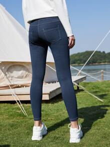 SHEIN Cropped Whipstitch Sports Leggings - Navy Blue - View 2