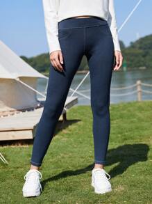 SHEIN Cropped Whipstitch Sports Leggings - Navy Blue - View 4