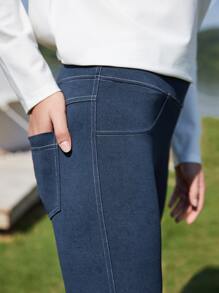 SHEIN Cropped Whipstitch Sports Leggings - Navy Blue - View 5