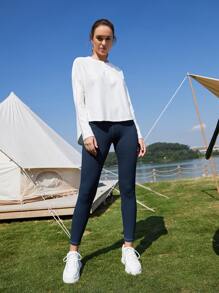 SHEIN Cropped Whipstitch Sports Leggings - Navy Blue - View 6