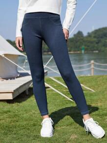 SHEIN Cropped Whipstitch Sports Leggings - Navy Blue - View 8