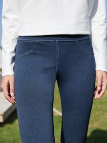 SHEIN Cropped Whipstitch Sports Leggings - Navy Blue - View 9