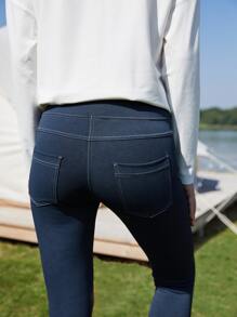 SHEIN Cropped Whipstitch Sports Leggings - Navy Blue - View 10