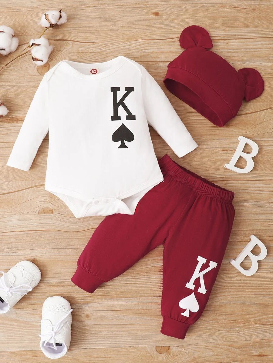 Baby Boy Letter Print Bodysuit & Joggers With Hat - Burgundy - View 1