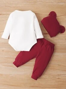 Baby Boy Letter Print Bodysuit & Joggers With Hat - Burgundy - View 2
