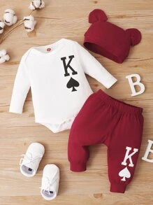 Baby Boy Letter Print Bodysuit & Joggers With Hat - Burgundy - View 3