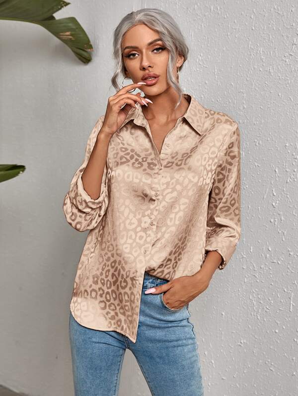 SHEIN Clasi Camisa de leopardo jacquard de satén