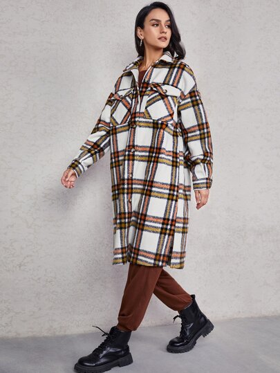 SHEIN EZwear Plaid Print Drop Shoulder Split Hem Overcoat