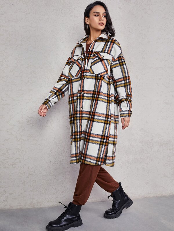 SHEIN EZwear Abrigo con estampado de cuadros de hombros caídos bajo con abertura