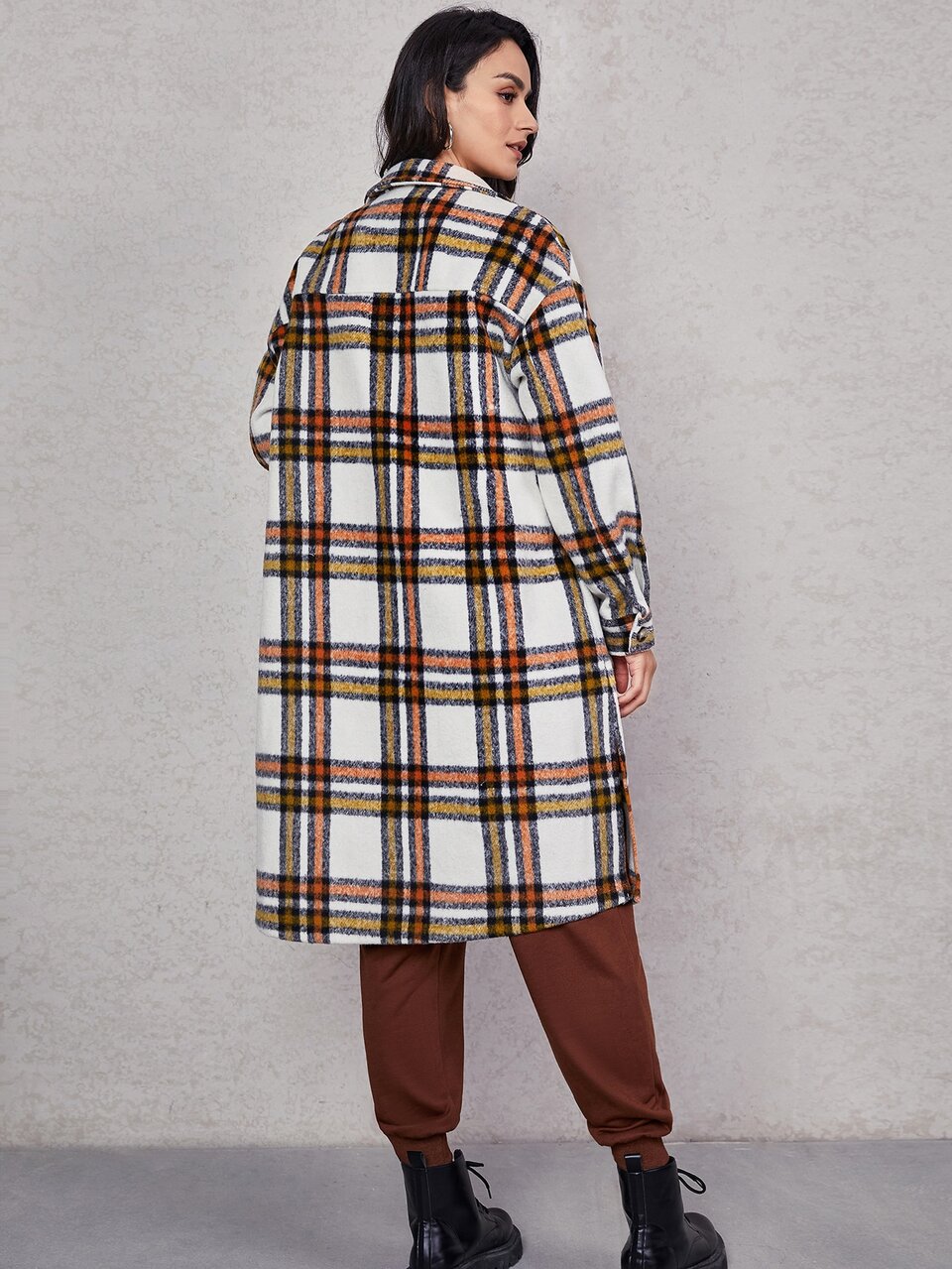 Plaid Print Drop Shoulder Split Hem Overcoat