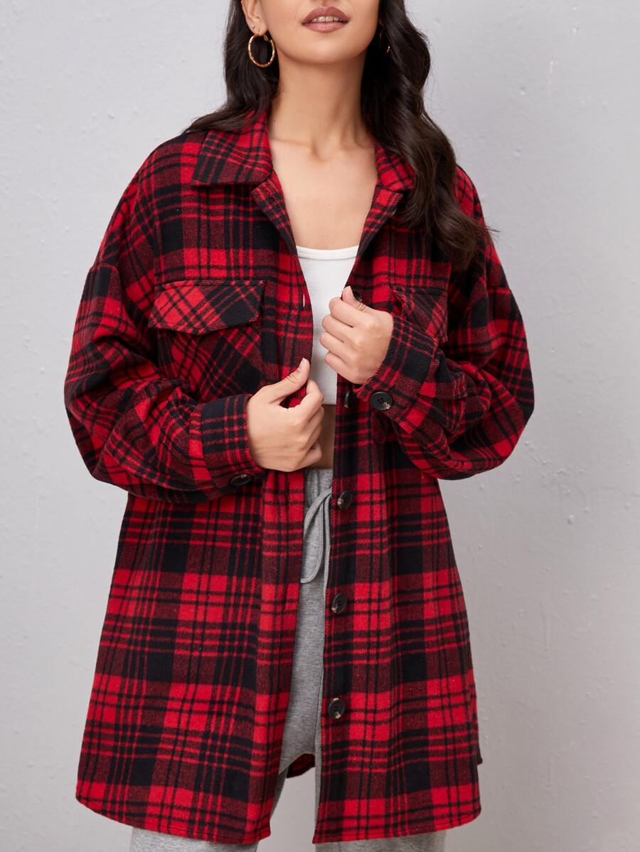 SHEIN Plaid Print Drop Shoulder Overcoat - Multicolor - View 1