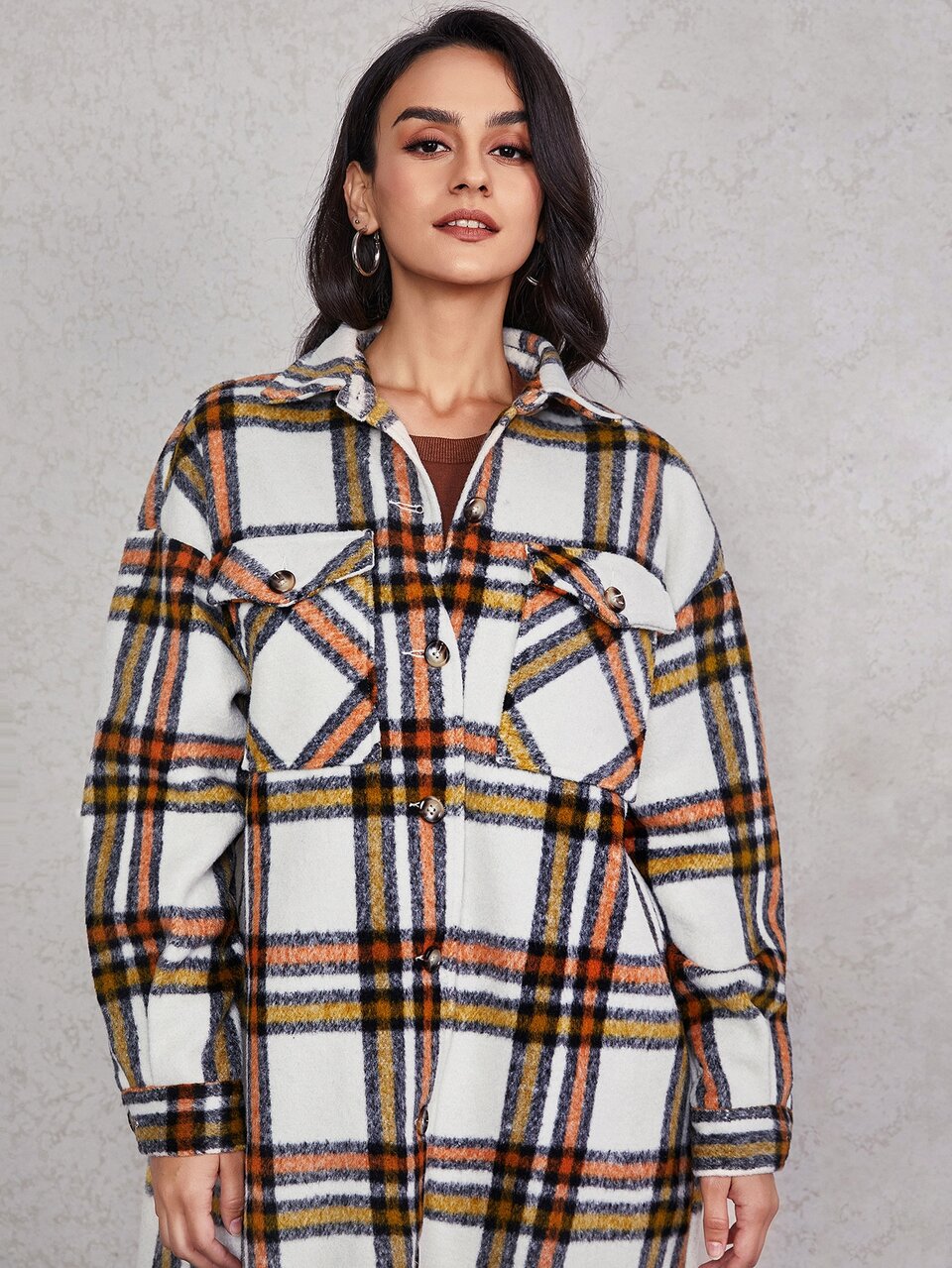 Plaid Print Drop Shoulder Split Hem Overcoat