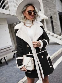 絨面革翻領泰迪熊襯里大衣 - 黑色 - 查看 1