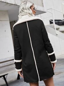 絨面革翻領泰迪熊襯里大衣 - 黑色 - 查看 2