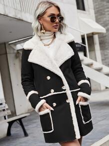 絨面革翻領泰迪熊襯里大衣 - 黑色 - 查看 3