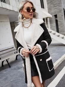 絨面革翻領泰迪熊襯里大衣 - 黑色 - 查看 4