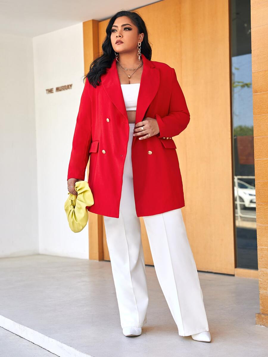 SHEIN Plus Lapel Neck Double Breasted Blazer - Red - View 1