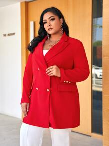 SHEIN Plus Lapel Neck Double Breasted Blazer - Red - View 3
