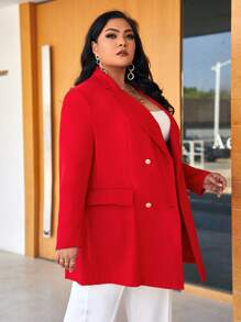 SHEIN Plus Lapel Neck Double Breasted Blazer - Red - View 5