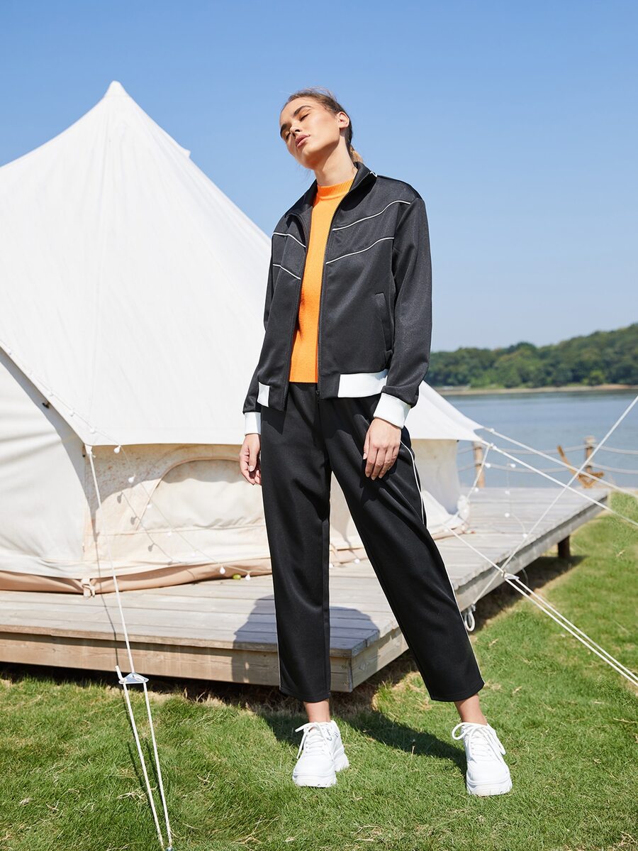 SHEIN Cazadora deportiva de dos tonos & Pantalones - Negro - Ver 1