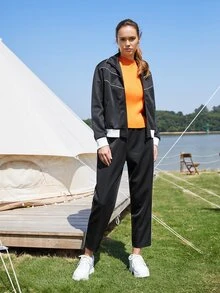 SHEIN Cazadora deportiva de dos tonos & Pantalones - Negro - Ver 9