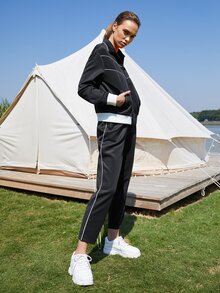 SHEIN Cazadora deportiva de dos tonos & Pantalones - Negro - Ver 10