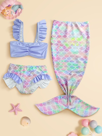 Conjunto De Cola De Sirena Para Niña Joven De 3 Piezas Con Estampado De Escamas De Pescado, Adornado Con Plisados Y Volantes