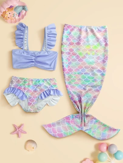 Young Girls Bikini Sets - Adorable Purple Mermaid Three-Piece Swimsuit Set. Features Knitted Fabric, Ruffle-Trimmed Separable Bikini Top & Bottom, And A Matching Detachable Fishtail Skirt. Fashionable, Casual, Yet Exquisite And Elegant Design. Perfect For Swimming, Summer Vacations, Beach Trips, Pool Parties, And Holiday Getaways.