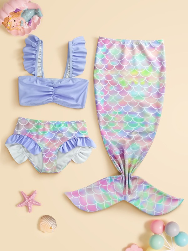 Young Girls Bikini Sets - Adorable Purple Mermaid Three-Piece Swimsuit Set. Features Knitted Fabric, Ruffle-Trimmed Separable Bikini Top & Bottom, And A Matching Detachable Fishtail Skirt. Fashionable, Casual, Yet Exquisite And Elegant Design. Perfect For Swimming, Summer Vacations, Beach Trips, Pool Parties, And Holiday Getaways.