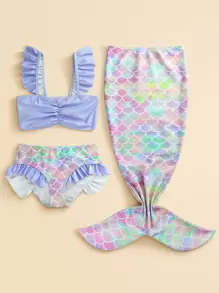 少女用的 3 入組魚鱗印花褶皺荷葉邊美人魚尾巴套裝