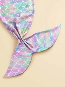 少女用的 3 入組魚鱗印花褶皺荷葉邊美人魚尾巴套裝