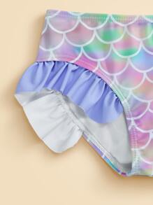 少女用的 3 入組魚鱗印花褶皺荷葉邊美人魚尾巴套裝