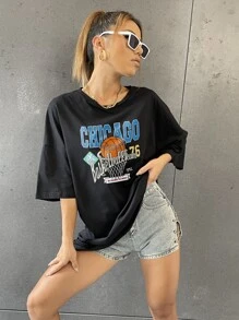 SHEIN Unity Áo thun nữ Lá thư Giải trí - màu đen - Xem 1