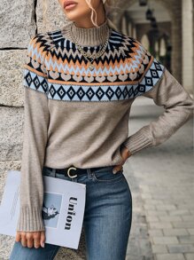 费尔岛图案插肩袖高领针织套头衫，秋冬款 - 彩色 - 查看 3