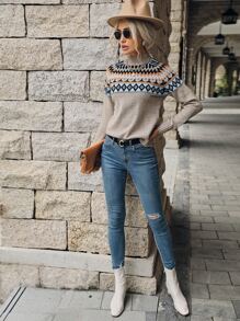 费尔岛图案插肩袖高领针织套头衫，秋冬款 - 彩色 - 查看 5