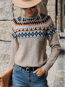 费尔岛图案插肩袖高领针织套头衫，秋冬款 - 彩色 - 查看 6