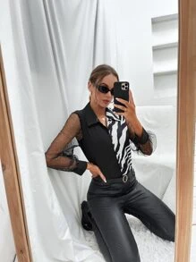 SHEIN Privé Áo sơ mi Sọc Ngựa vằn Tay áo lưới tương phản Nút phía trước - Đen và trắng - Xem 5