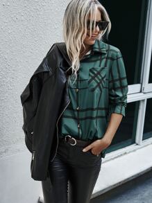 SHEIN LUNE Plaid Button Front Shirt - Green - View 4
