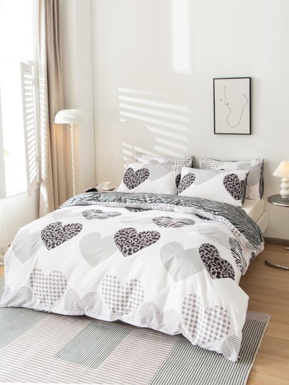 3pcs/Set Heart Pattern Duvet Cover Set(1 Duvet Cover & 2 Pillowcase)Soft And Skin-Friendly Duvet Cover Bedding Set For Home, All Season Bed Sheets Set Wedding Season