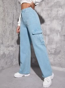 Jeans cargo de talle alto con bolsillo con solapa - Lavado ligero - Ver 1
