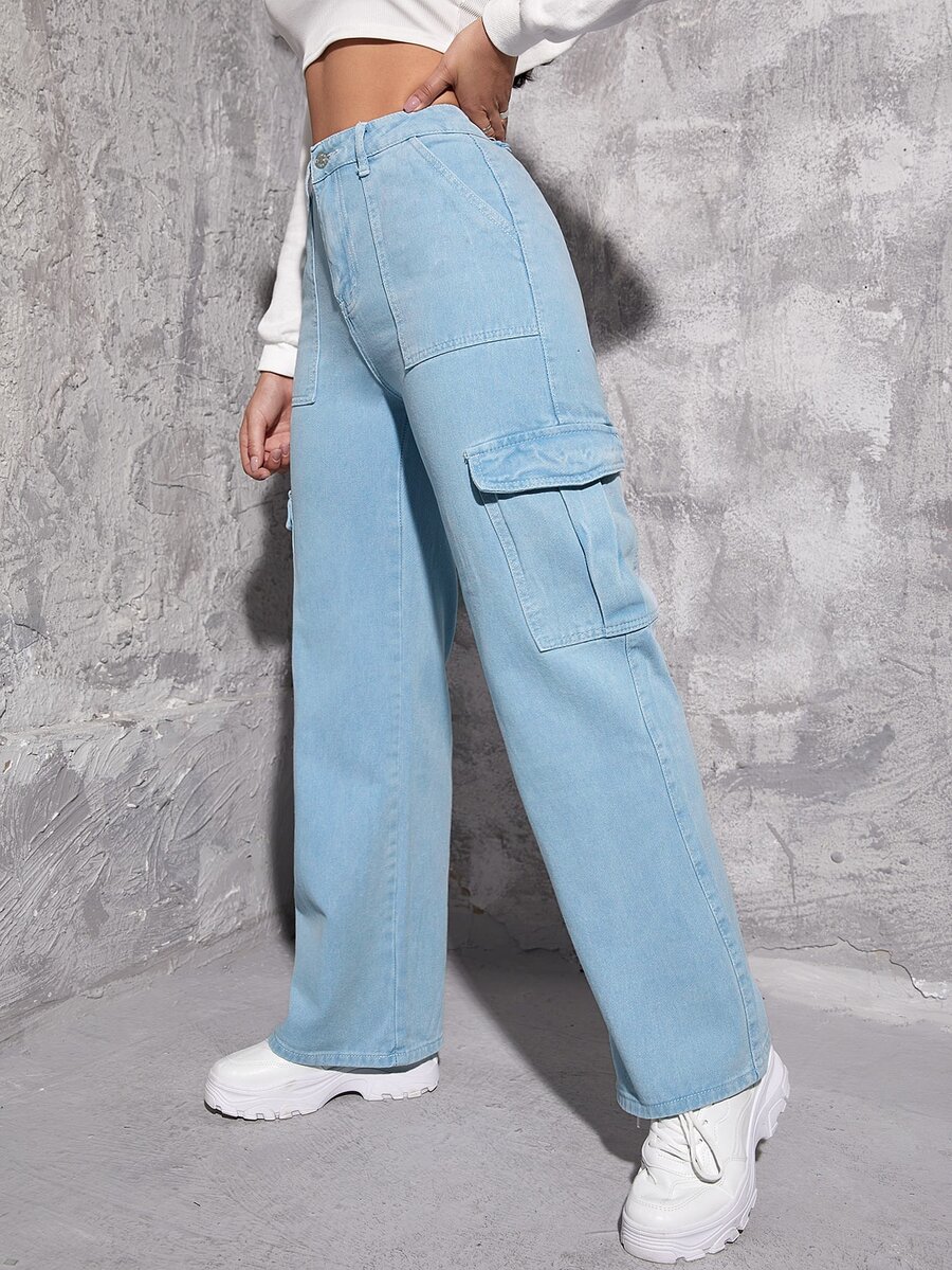 Jeans cargo de talle alto con bolsillo con solapa - Lavado ligero - Ver 1
