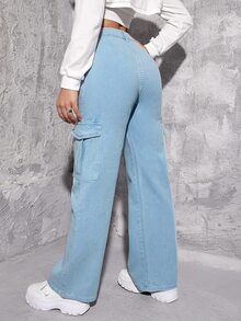 Jeans cargo de talle alto con bolsillo con solapa - Lavado ligero - Ver 2