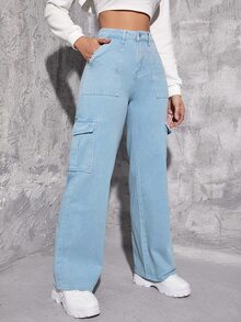 Jeans cargo de talle alto con bolsillo con solapa - Lavado ligero - Ver 3