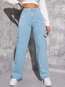 Jeans cargo de talle alto con bolsillo con solapa - Lavado ligero - Ver 4