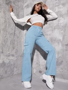Jeans cargo de talle alto con bolsillo con solapa - Lavado ligero - Ver 5