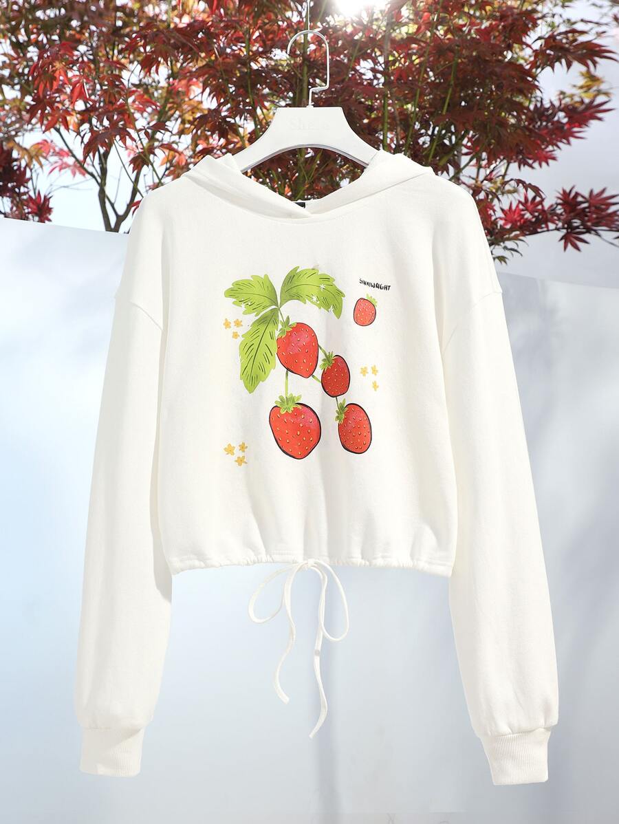 Sinaí Wright Art 草莓和字母圖案抽繩落肩袖連帽衫 - 白色 - 查看 1