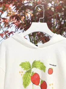 Sinaí Wright Art 草莓和字母圖案抽繩落肩袖連帽衫 - 白色 - 查看 6