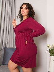 Plus Flounce Sleeve Ruffle Trim Night Dress - Burgundy - View 3