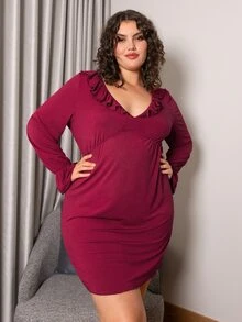 Plus Flounce Sleeve Ruffle Trim Night Dress - Burgundy - View 4