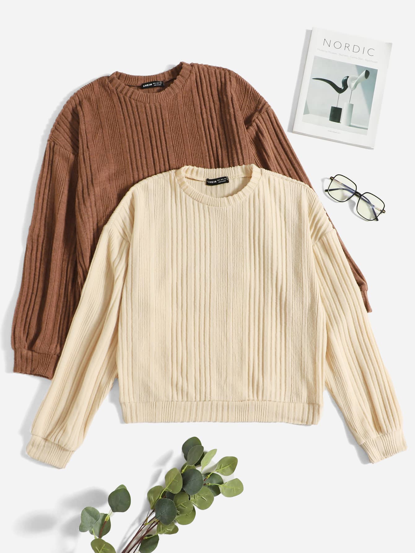 SHEIN EZwear 2pcs Ribbed Knit Pullover - Multicolor - View 1
